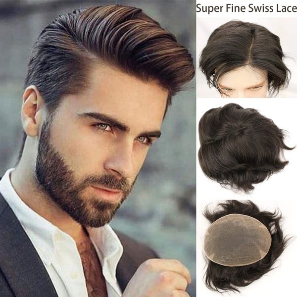 

swiss lace mens toupee hairpieces natural hairline human hair wigs full soft replacements bleached knots systems toupee 10x8, Black