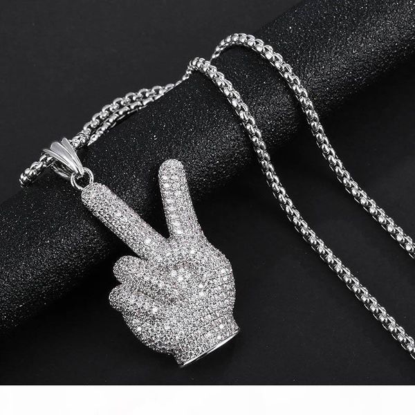 

hip hop full a++ cz stone paved bling ice out victory gesture pendants necklace for men rapper jewelry silver color