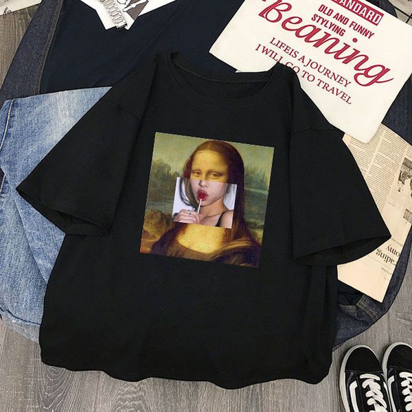 

mona lisa casual fashion summer ulzzang female short sleeved loose harajuku art cartoon print large size hip hop shirt, White