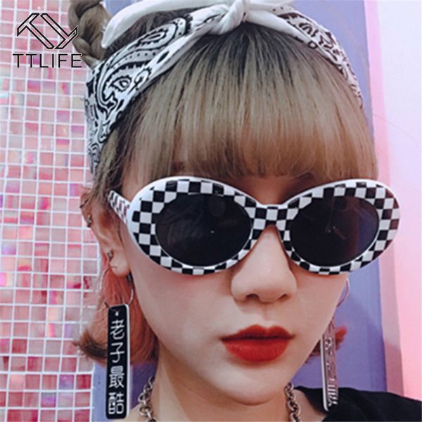 

ttlife oval plaid frame sunglasses retro frame hip hop women men sun glasses ocean lens gradient shades eyelasses gafas de sol, White;black