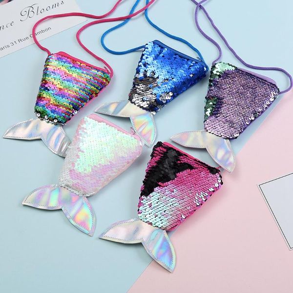 

women mermaid tail sequins coin purse girls crossbody bags sling money change card holder wallet purse bag pouch for kids gifts, White