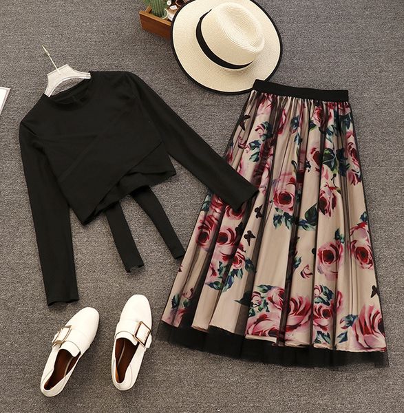 

women long sleeve t shirt +mesh floral printed skirts sets short style solid t-shirts elegant skirt suits for woman, Gray