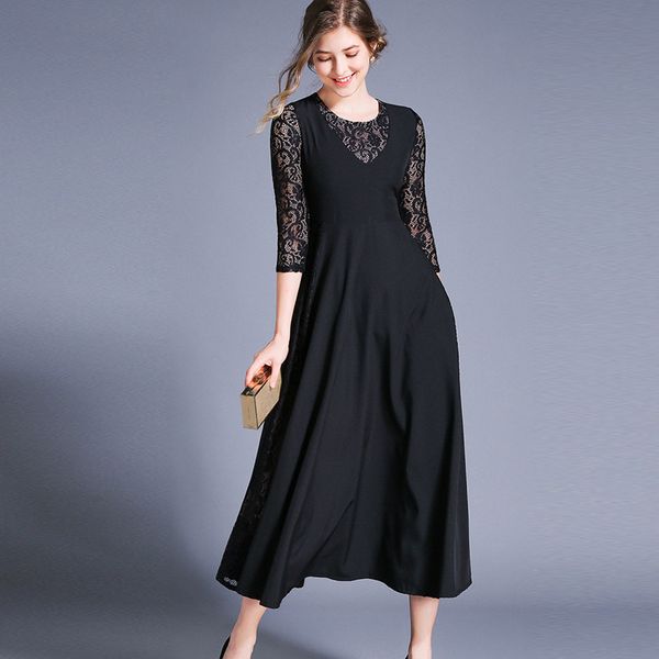 

2019 autumn new round neck 7-point sleeve solid color hollow stitching large hem stitching lace dress, Black;gray