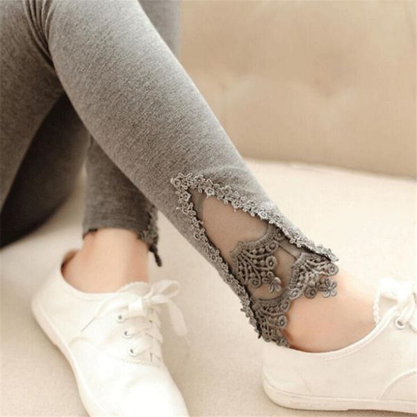 

autumn leggins fashion women leggings triangle lace hollow out legging high elastic woman cotton skinny slim mid trousers, Black