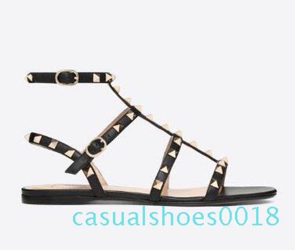 

3a designer pointed toe studs high heels patent leather rivets sandals womens studded strappy dress shoes valentine flat heel shoes c18, Black