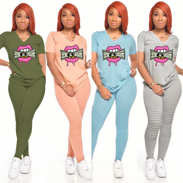 

stacked womens tracksuits designer money and lips v neck 2pcs sets casual short sleeve long pants women two piece clothing, Gray