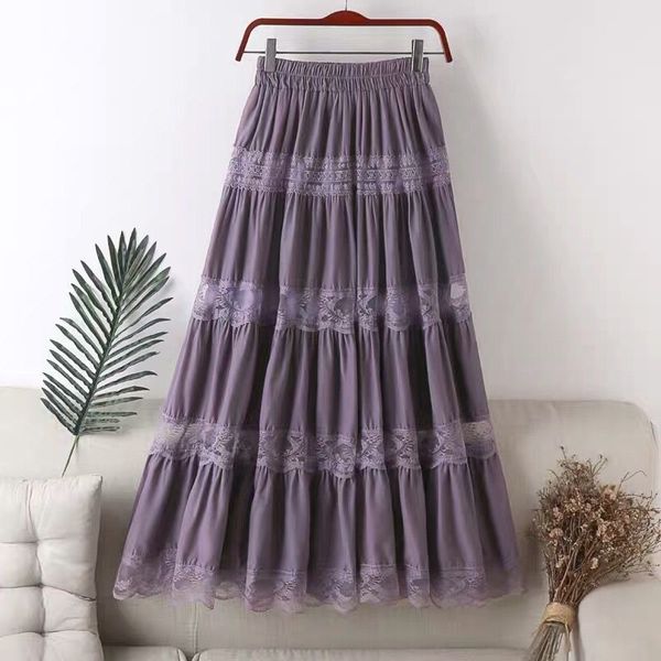 

summer new elastic waist thinner mid-length crochet hollow lace stitching chiffon skirt female skirt, Black