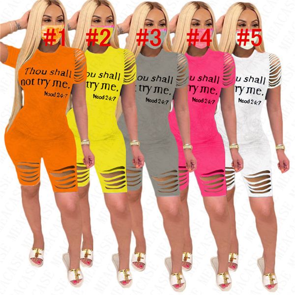 

thou shall not try me letter shorts set tracksuit for women holes sportswear designer tshirt and shorts 2 piece outfit sports suit d7806, White