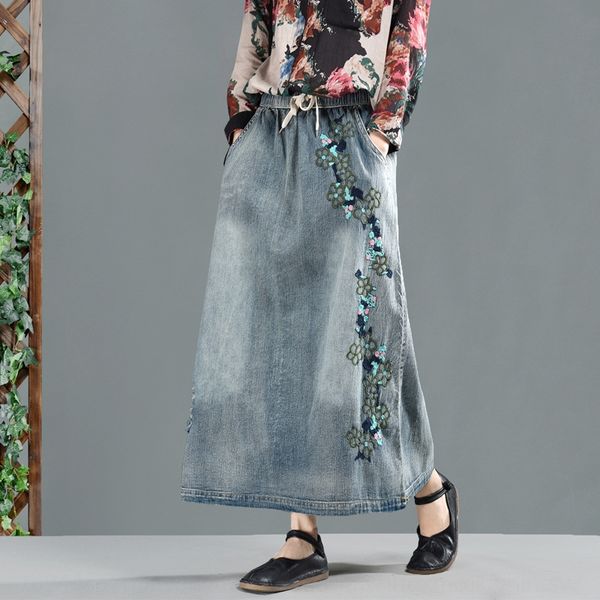 

древние кофе одежда художественное отверстие вышитые кофе джинсовой весной новый шнурком джинсовой юбки средней длины женской юбки, Black