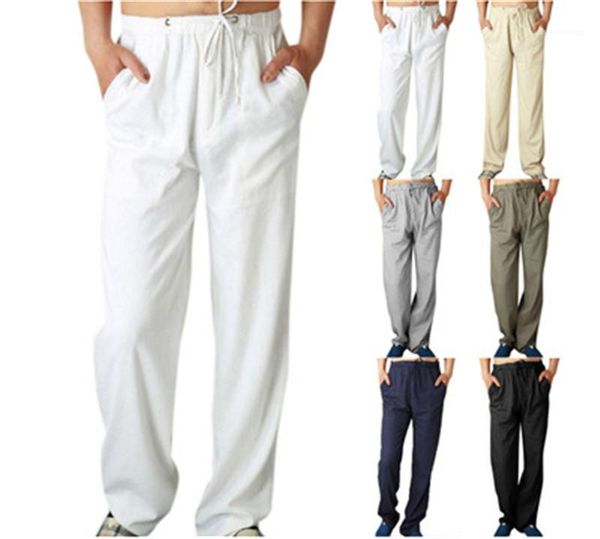 

cotton trousers baggy pants man casual fitness sweatpants baggy wide leg pants drawstring button male loose pants solid color linen, Black