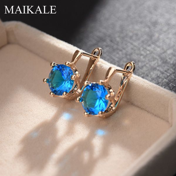 

maikale simple blue cubic zirconia stud earrings for women gold silver color plated copper round cz earring fashion jewelry gift, Golden;silver