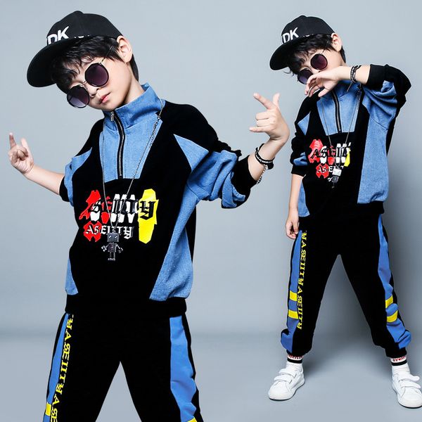 

autumn kids clothing set denim patchwork coat 2pcs sport suit for big boys fashion teenage sweatshirts outfits 16y teen clothes, White