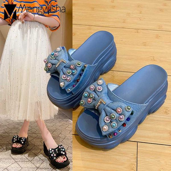 

bow knot denim platform sandals women multi-color pearl wedges slippers female height increasing rivets slides femmes sandales, Black