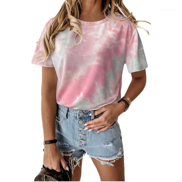 

women casual crew neck short sleeve multi color relaxed femme tees women summer tshirts fashion tie dyed, White
