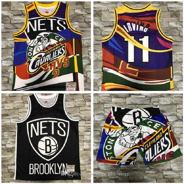 

2020 мужчины баскетбол new brooklyn сети 11 irving mitchellness европейский окрашенная ретро джерси и pant, Black;red