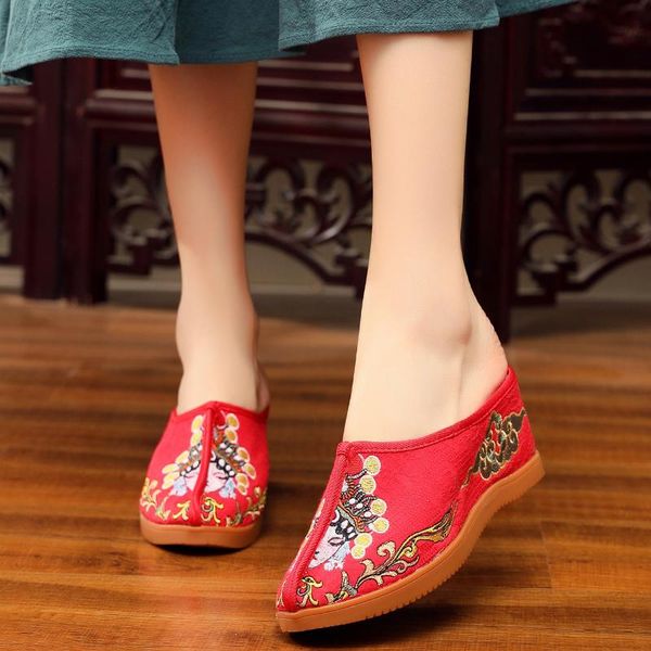 

ethnic style wedge mules women casual slippers woman vulcanize shoes slip on canvas shoes for women high heel wedge shoe, Black