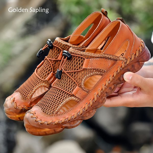

golden sapling summer hiking shoes men breathable genuine leather air mesh men's sneakers for mountain climbing trekking shoes