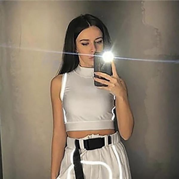 

2020 new women's fashion reflective stripe stitching slim vest black &gray solid sports patchwork fitness crop vestidos, White