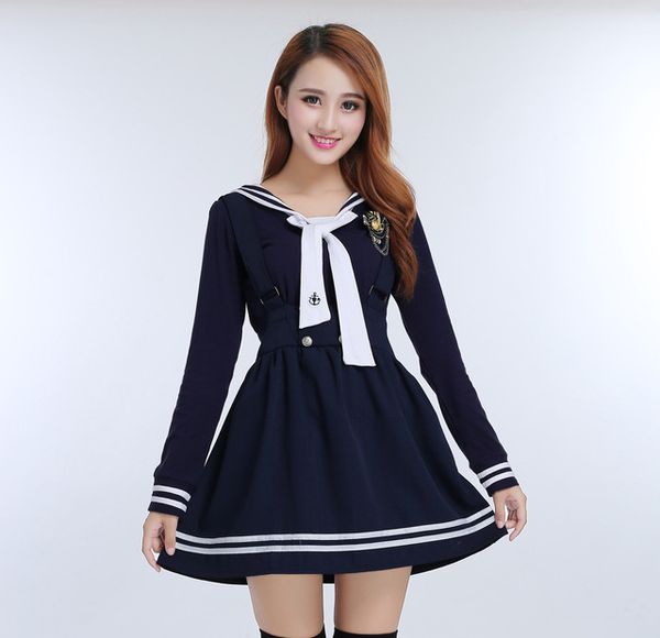 

japanese school uniforms for women korean navy sailor cotton school uniforms for girls straps skirt+long sleeve shirt+tie, White