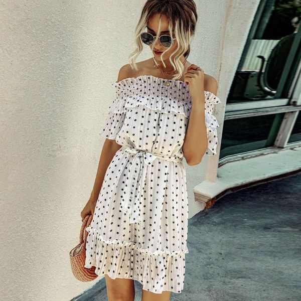 

summer dress womens polka dot off shoulder dress belt ruffles short sundress ladies short sleeve dresses #lr3, Black;gray