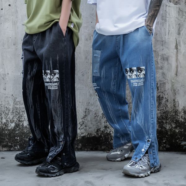 

original zipper button eyes washed jeans pants ripped frayed loose streetwear denim trousers harajuku plus size pants mens, Blue