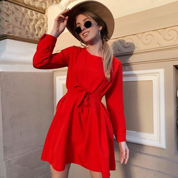 

women vintage sashes a line party mini dress long sleeve o neck solid eleagnt casual dress 2020 autumn new fashion women dress, Black;gray