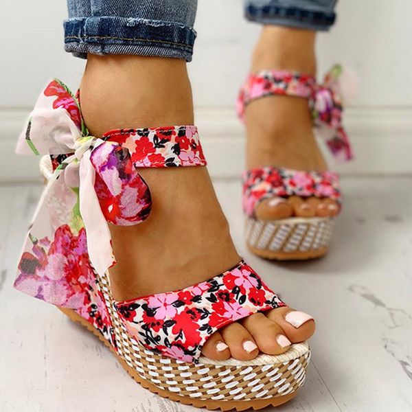 

shujin summer beach boho floral wedge sandals women ankle strap platform gladiator shoes woman high heels sandalias mujer 2020, Black