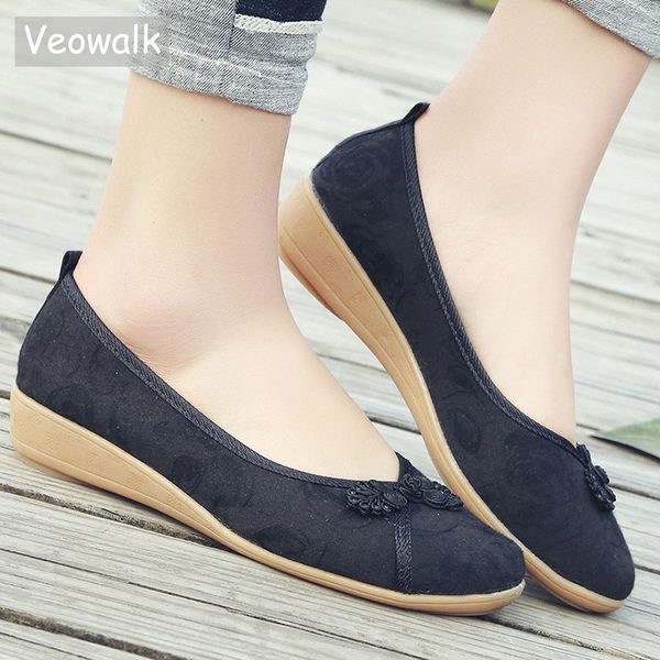 

veowalk chinese ruyi knot women cotton fabric embroidered ballet flats retro ladies light soft comfort casual slip on shoes, Black