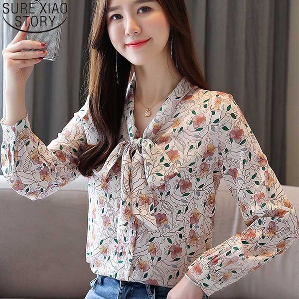 

women's blouses & shirts vintgae floral print chiffon autumn long sleeve women 2021 loose fashion bow blusas mujer de moda 10549, White