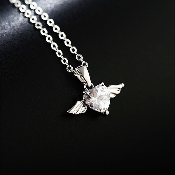 

crystal female small heart pendants necklaces elegant gold color wedding necklace jewelry fashion angel necklaces for women, Silver