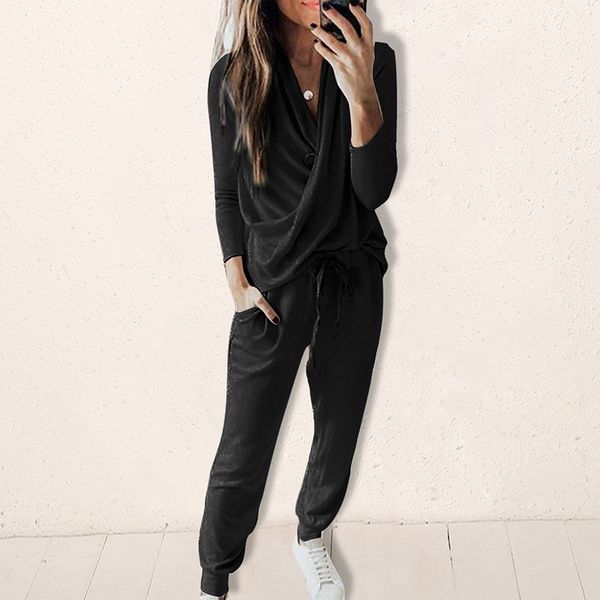 

oeak осень 2 peice набор женщины tracksuit criss cross длинного рукав блузка drawstring брюки твердая женская повседневная эпикировка sports, White;red