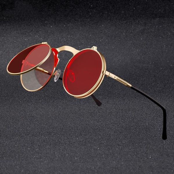 

vintage steampunk flip sunglasses retro round metal frame sun glasses for men women brand designer circle glasses oculos, White;black