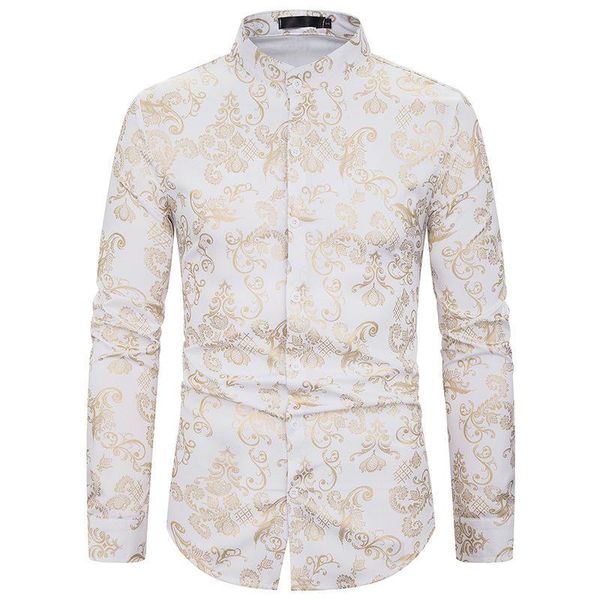 

stand collar long sleeve autumn shirt men single breasted tucedo shirts streetwear gold floral printed male blouse us size xxl, White;black