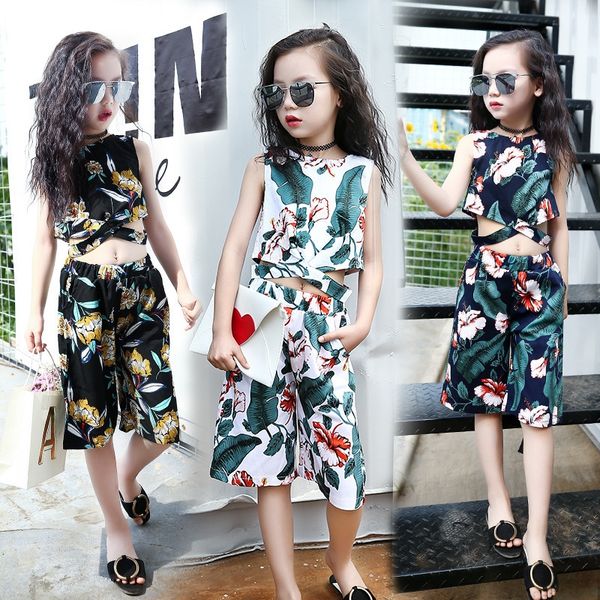 

1x8vs girls medium pants pantswide leg pantsand large children trendy floral sleeveless open belly flower wide leg pants two-piece s