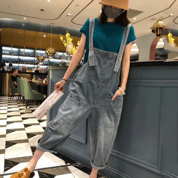 

large size denim suspender pants women's 2020 summer new korean style loose sling sling thin cropped harem pants, Blue
