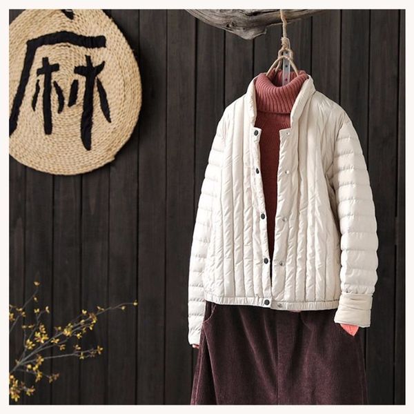 

new down jacket women short ultra light duck down outwear striped casual coat stand collar, Black
