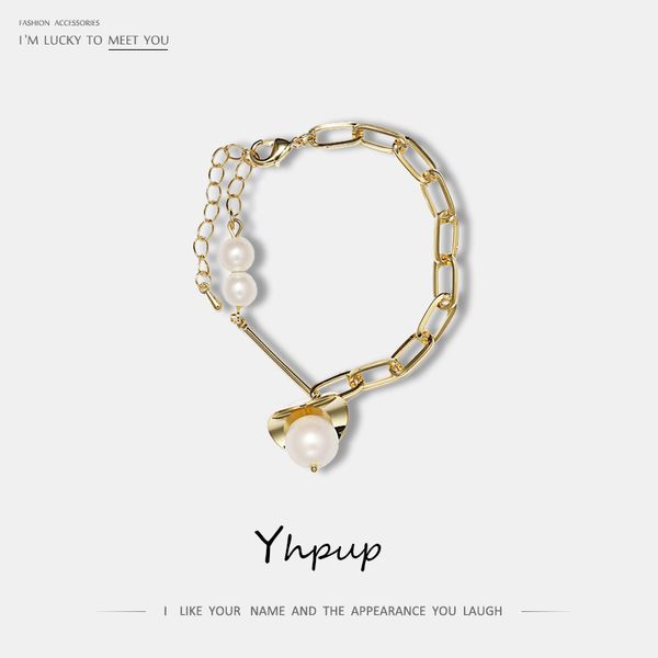 

yhpup trendy copper plated 14 k brand statement bracelet metal charm bangle imitation pearls women jewelry accessories 2020, Black