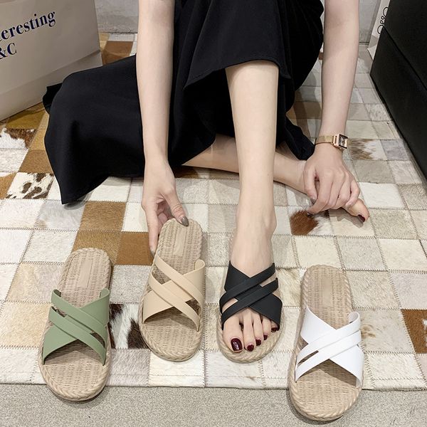 

slippers women's summer fashion outdoor wear all-match 2021 simple style holiday beach non-slip flat women indoor home shoes, Black