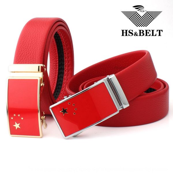 

hongsheng men's automatic buckle layer cowhide red youth hongsheng men's belt five-star red flag belt, Black;brown