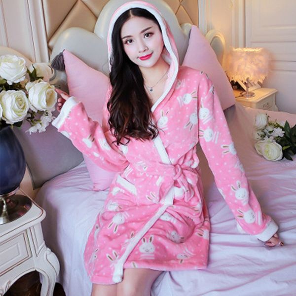 

bathrobe women kimono hoodie sleepwear trenchcoat caftan stitch flannel robe long sleeve print flower warm big size pyjamas, Black;red