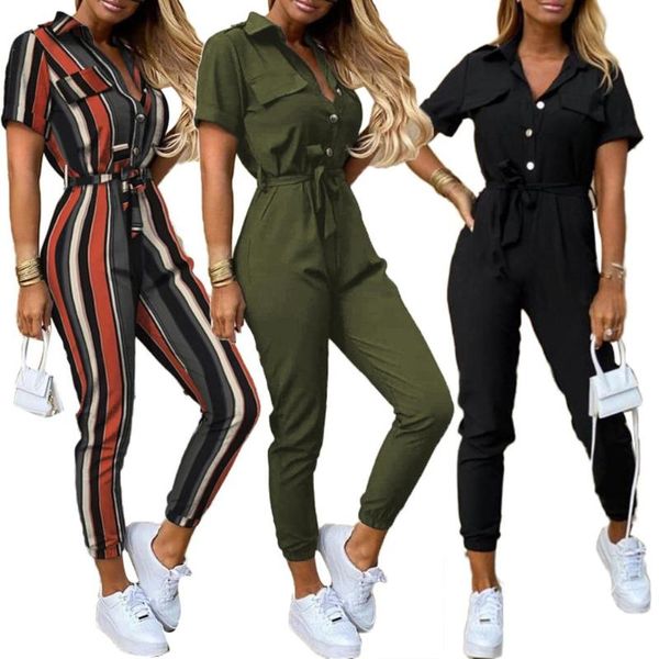 

office lady short sleeve v neck stripes print button belt one piece jumpsuit stripes women button belt one piece jumpsuit, Black;white