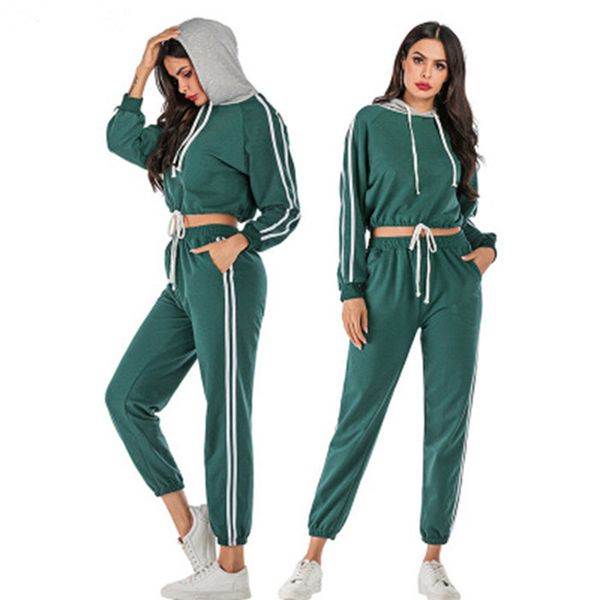 

полосатые женщин костюмы сыпучие длинным рукавом толстовки и casaul sweatpant high street женщины 2 peice спортивные наборы, Gray