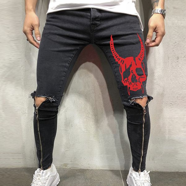 

men's jeans men skull clothes 2021 hip hop sweatpants skinny motorcycle denim pants zipper designer hole mens plus size trousers, Blue
