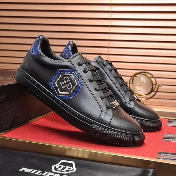 

men sneakers shoes lace -up leather casual fashion sneakers flats lo -sneakers hexagon men shoes luxury chaussures pour hommes drop ship, Black