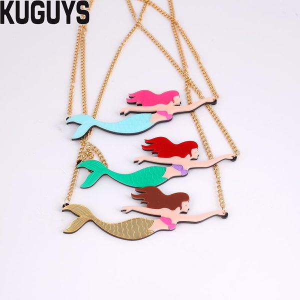 

kuguys cute mermaid big pendant necklaces for women fashion jewelry link chain trendy blue gold green fairy necklace accessories, Silver