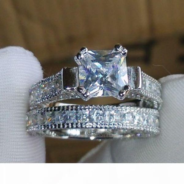 

люкс размер 5-10 ретро принцесса 14k белое золото заполнены топаз моделировали алмазов день подарок свадебный комплект кольца матери с короб, Silver