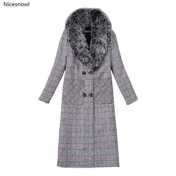 

x-long 2020 new women outerwear autumn winter clothing big fur woolen blends slim female elegant double breasted woolen coat, Black