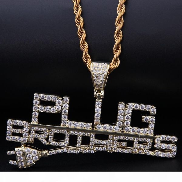 

14k gold plated custom new design fully iced out combine letters says "plug brothers" hiphop pendant necklace, Silver
