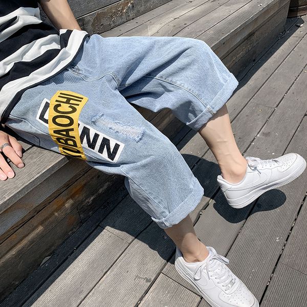 

2020 new korean version of harajuku students summer seven-point hole male tide brand straight trend harlan jeans, Blue