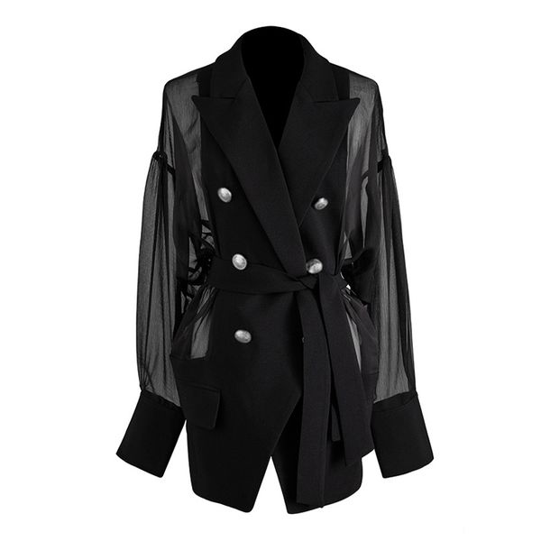 

women's suits & blazers sondr casual patchwork mesh blazer women notched neck lantern long sleeve high waist lace up suit for female fa, White;black